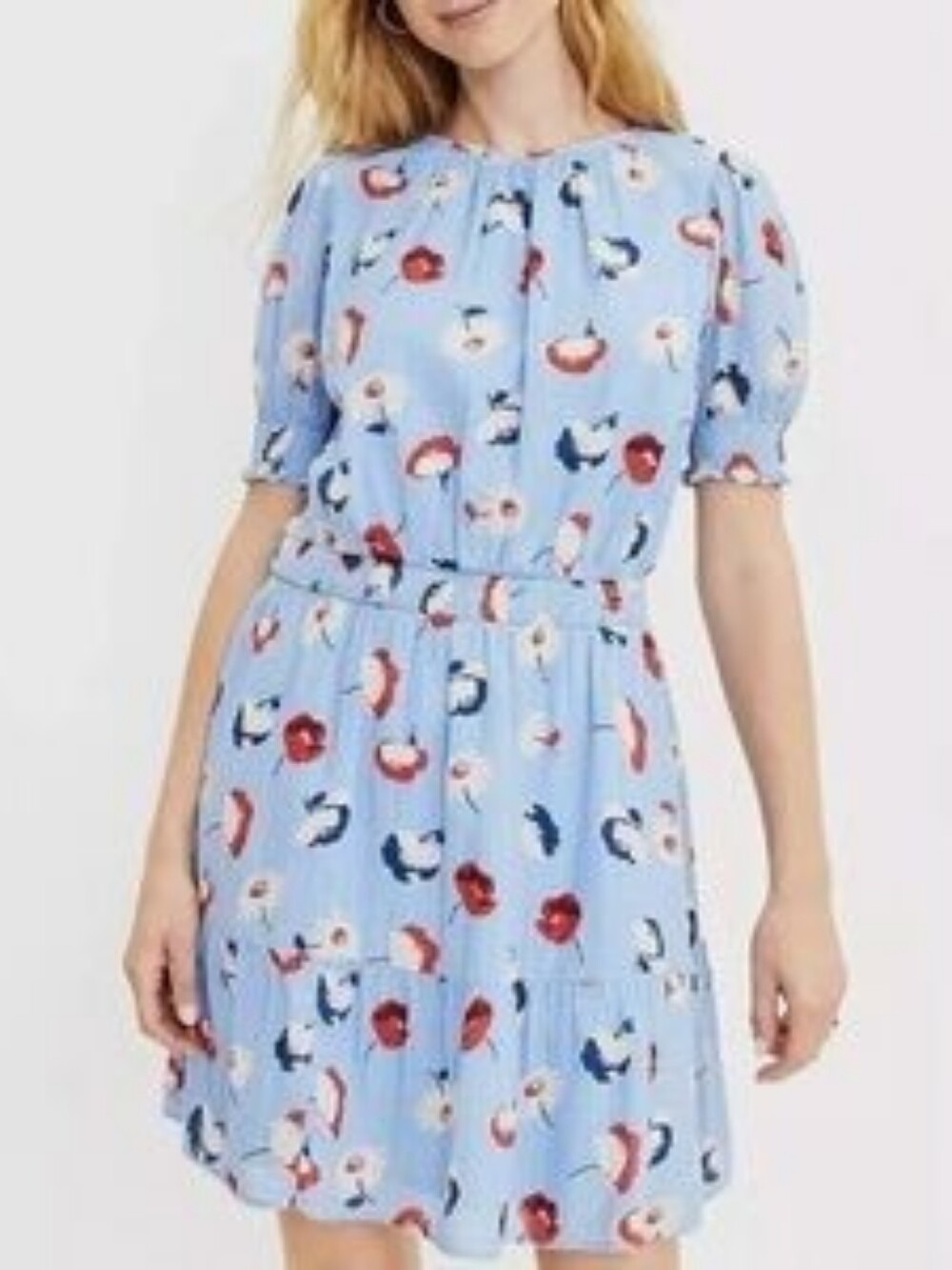 LOFT Light Blue Floral Puff Sleeve Dress